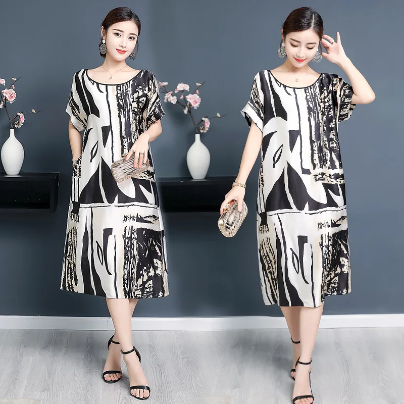 

Silk dress 2019 summer new retro floral loose printed short-sleeved dress large size M-3XL high quality elegant casual Vestidos