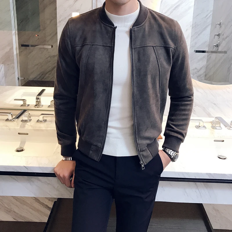 

Men Autumn Bomber Jackets Mens Suede Jaqueta Masculina Slim Fit Grey Veste Homme Short Casaco Masculino Korean Style Erkek Ceket