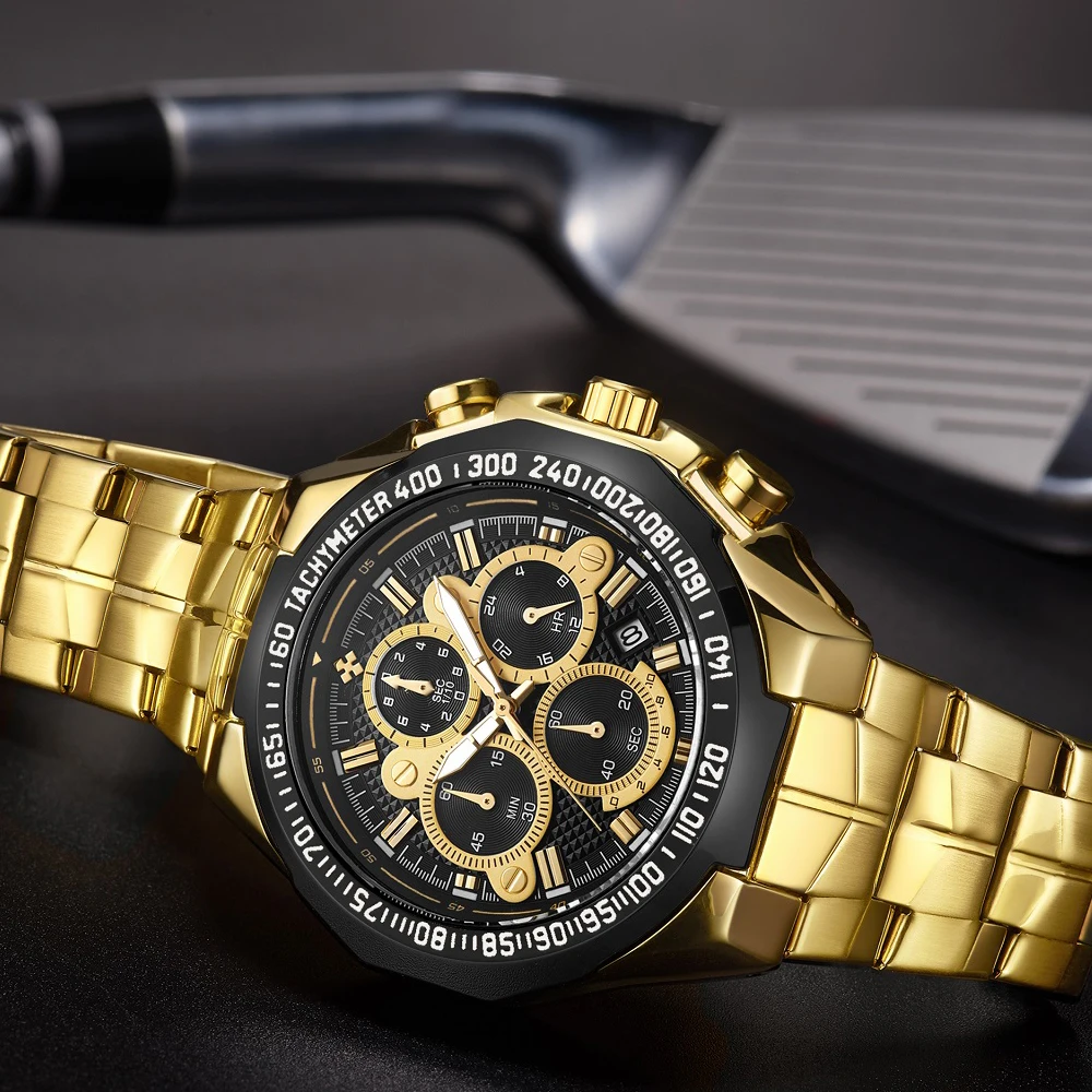  WWOOR Luxury Fashion Steel Strap Watch Men Quartz-watch Casual Male Sports Business Wristwatch Gold