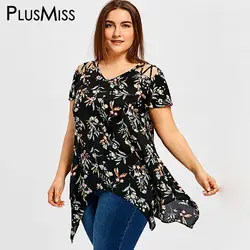 PlusMiss плюс Размеры 5XL 4XL цветочный Цветочный принт на шнуровке с открытыми плечами топы Женская одежда большой Размеры свободные длинные