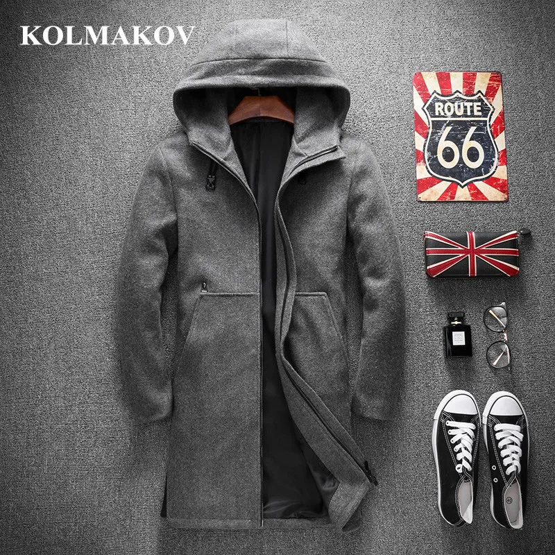 

KOLMAKOV New Men's Trench Coats 2019 Autumn Mens Wool Trench Coat M-4XL Hooded Windbreakers Masculino Good Quality Jackets men
