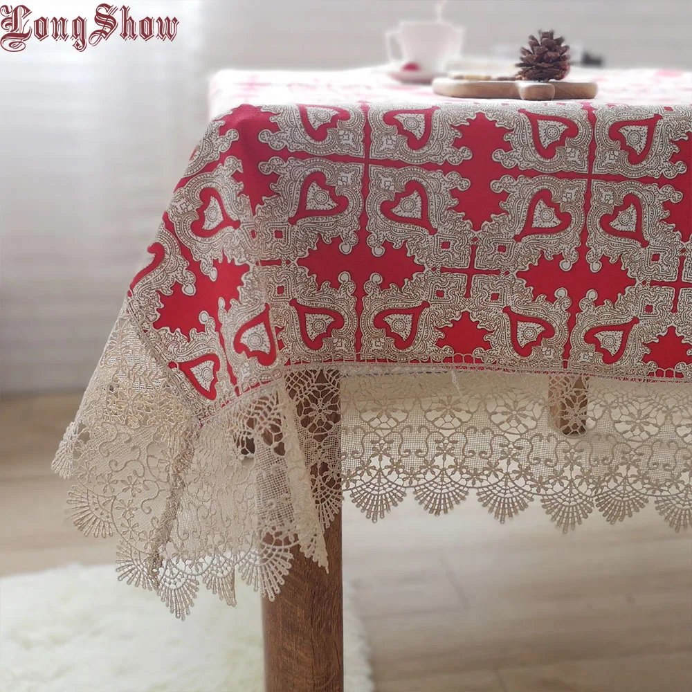 

110x140cm Christmas Red Color Plaid Cotton Printing Table Cloth With Super Wide Embroidered Lace Border