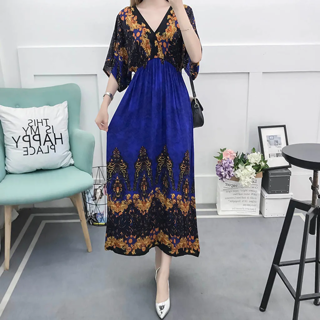

Bohemian Women maxi dress summer plus size floral print dress Ladies V Neck Short Sleeve long maxi Dress loose