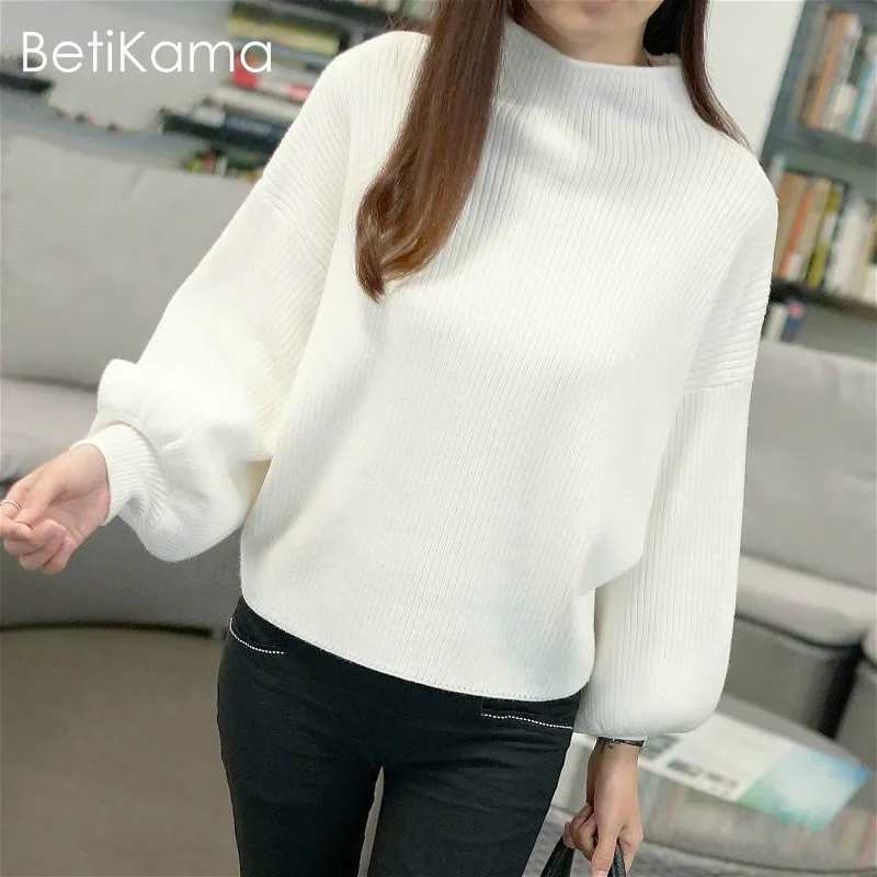 

BetiKama Big Size Pullover Sweater Women Fashion Lantern Sleeve Knitted Sweater Warm Autumn Oversized Sweater Pull Femme 2017