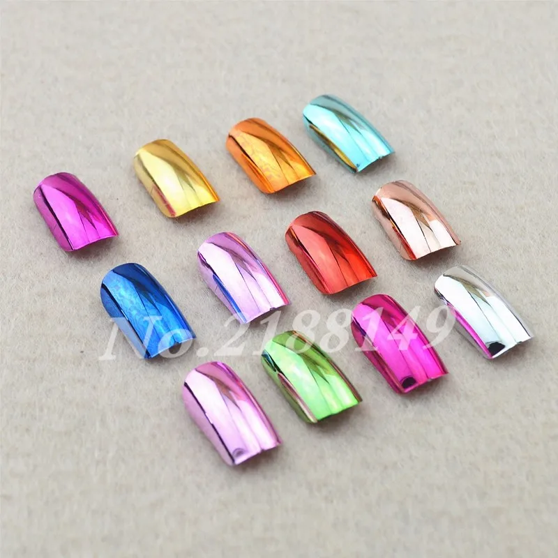 

144PCS 12 Metallic Color Metal Plating False Nails French Nep Fake Nails for Nail Art Design Nail Tips Faux Ongles Free Glue