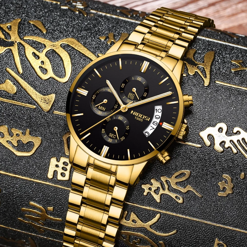 Billig NIBOSI Gold Luxus Berühmte Top Marke Männer Goldene Uhr Relogio Masculino Militär Armee Analog Quarz Armbanduhr Für Unternehmer