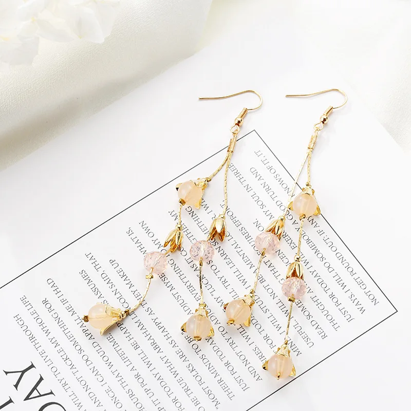 Carvejewl long earrings metal flowers acrylic beads pendant drop Dangle Earrings For Women jewelry new fashion European earrings