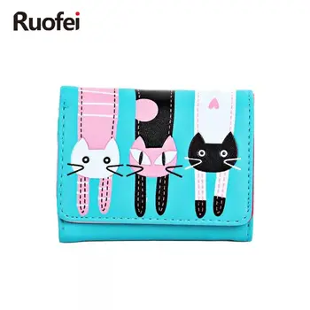 

RUO FEI New 2019 Women Cute Cat Cartoon Wallet Long Creative Card Holder Casual Ladies Clutch handbag PU Leather Coin Purse
