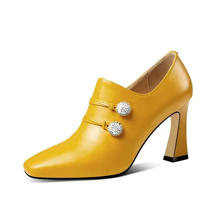 

Designers Italian Shoes with Matching Bags Black Yellow Leather Upper Zapatos De Mujer Round Toe High Heels Crystal Buckle Shoes