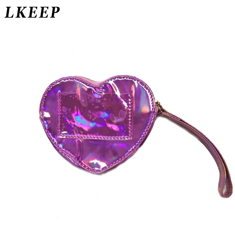 Fashion Women Heart Shaped Coin Purse Wallet Laser PU Small Zipper Clutch Money Purse Mini ...