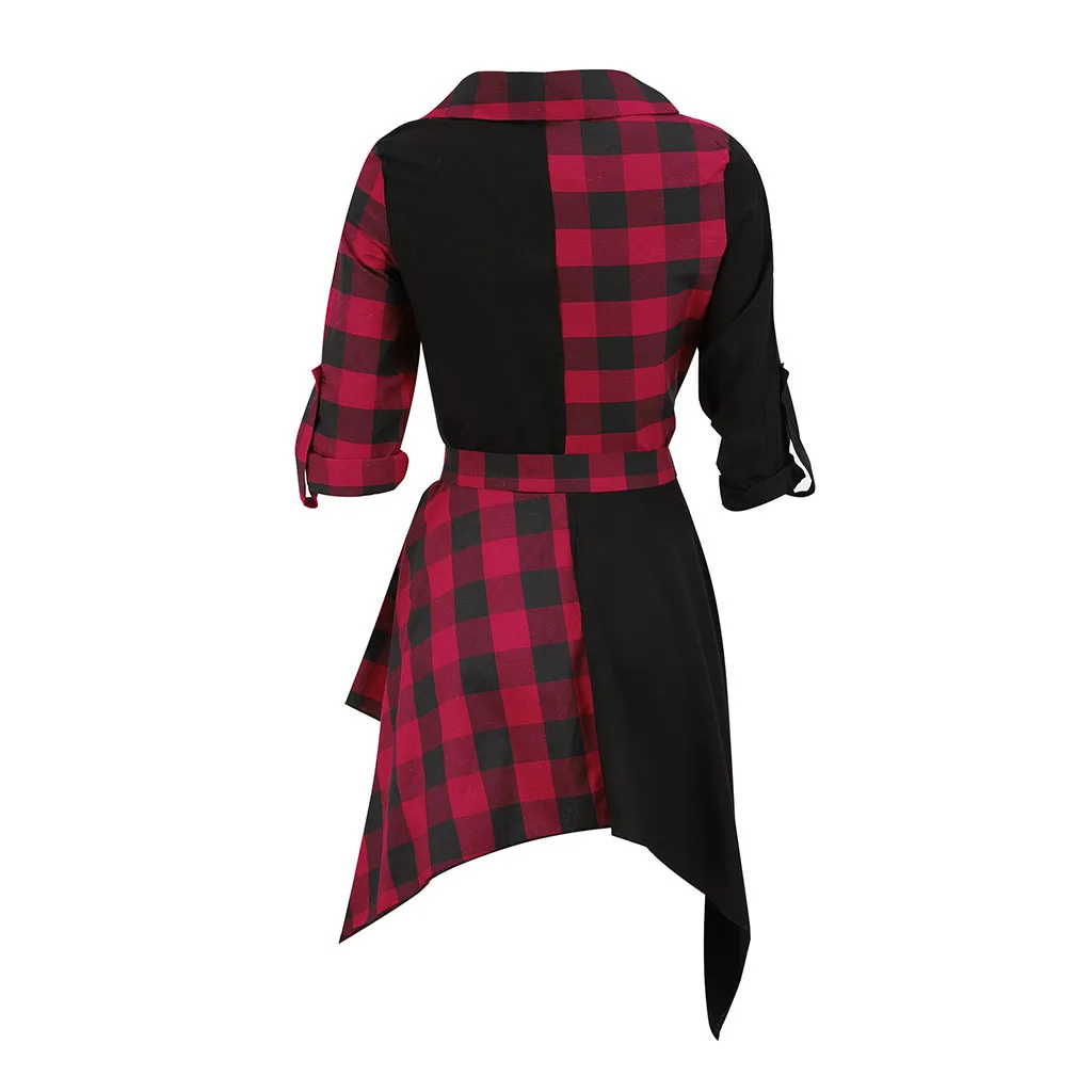 New Womens V-Neck Check Dress Long Sleeve Sashes Loose V Neck Plaid Tops Casual Sexy Mini Dress