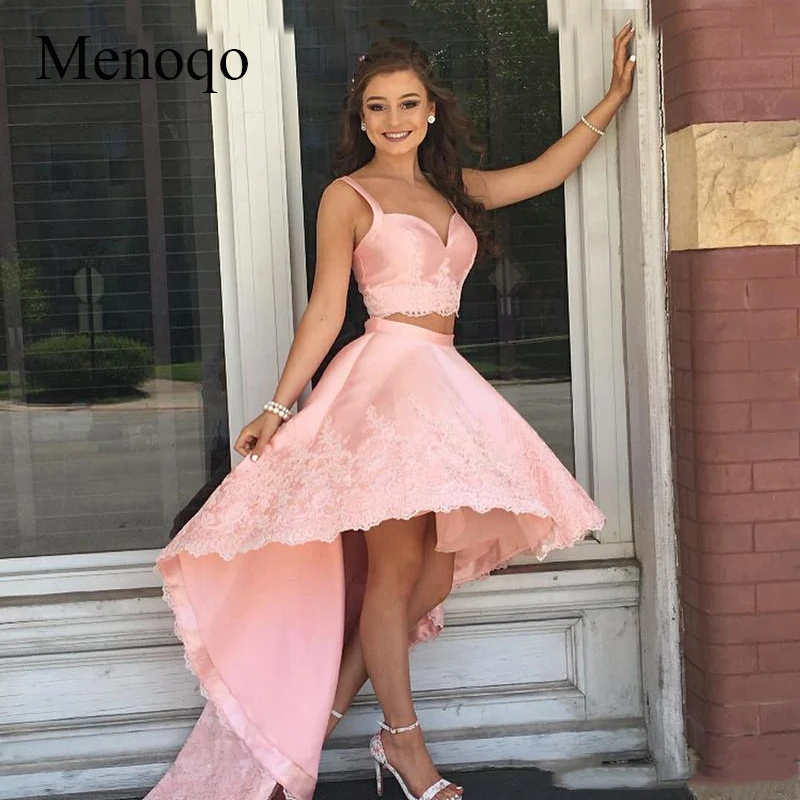 Fashion Two Pieces Prom dresses 2018 Spaghetti Straps Zipper Back Vestidos De Novia Lace Applique Satin High Low Formal Party Gowns (1)-