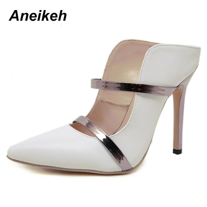 

Aneikeh NEW Fashion Sexy Women's Shoes 2019 New Woman Sandals Pointed Toe Slippers Shoes Black White High Heels Pumps Size 35-40