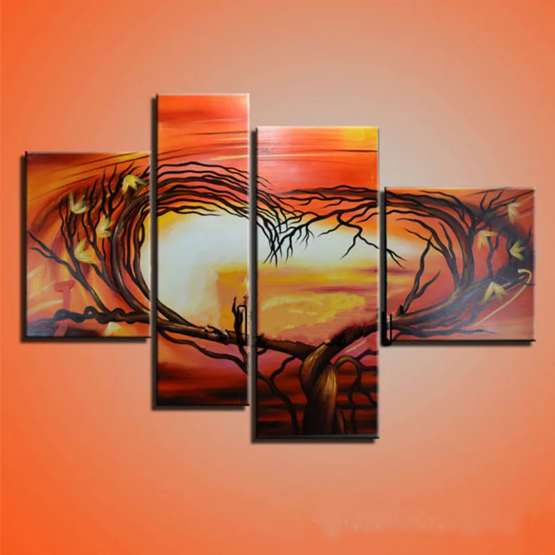 

4 Panel Pictures For Living Room Modern Home Wall Art Handmade Canvas Paintings Handpainted Abstract Tree Flowers Oil Painting