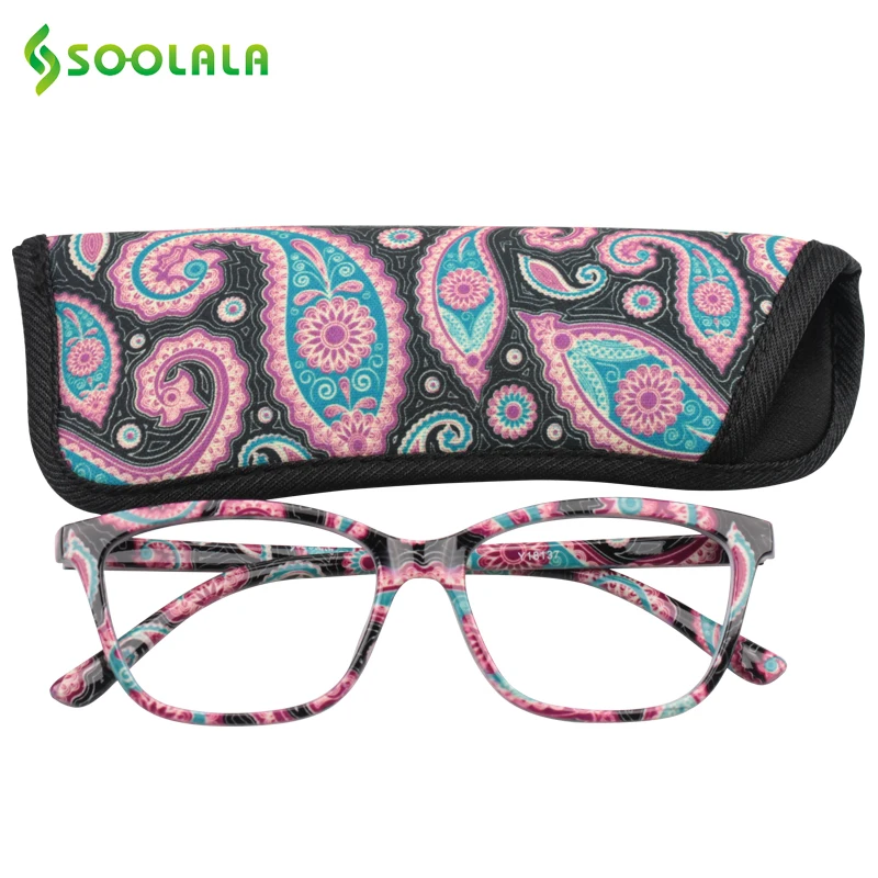 Green Floral SOOLALA, женские очки для чтения с карманом и принтом, с сумочкой в тон, Дешевые весенние петли, очки для чтения при дальнозоркости+ от 1,0 до 4,0 - Цвет оправы: Green Floral