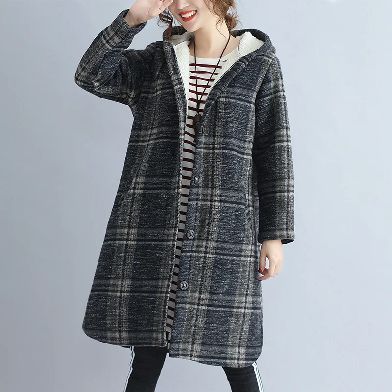 Johnature Women Vintage Hooded Parkas Thick Plaid Warm Winter Coat 2018 New Loose Casual Cloths Pockets Long Sleeve Women Parkas