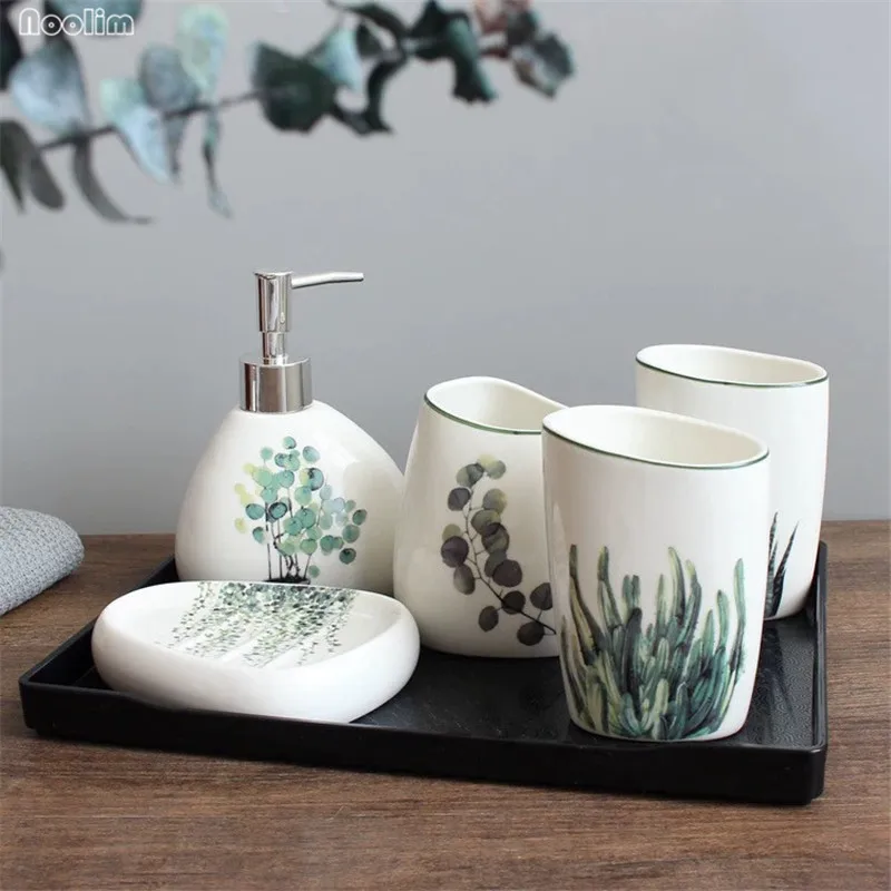 6Pcs A Set-B 6 шт./компл. нордическое зеленое растение керамической держатель для зубной щетки стакан диспенсер для мыла Простые Свадебные Аксессуары для ванной комнаты Меламиновый поднос - Цвет: 6Pcs A Set-B