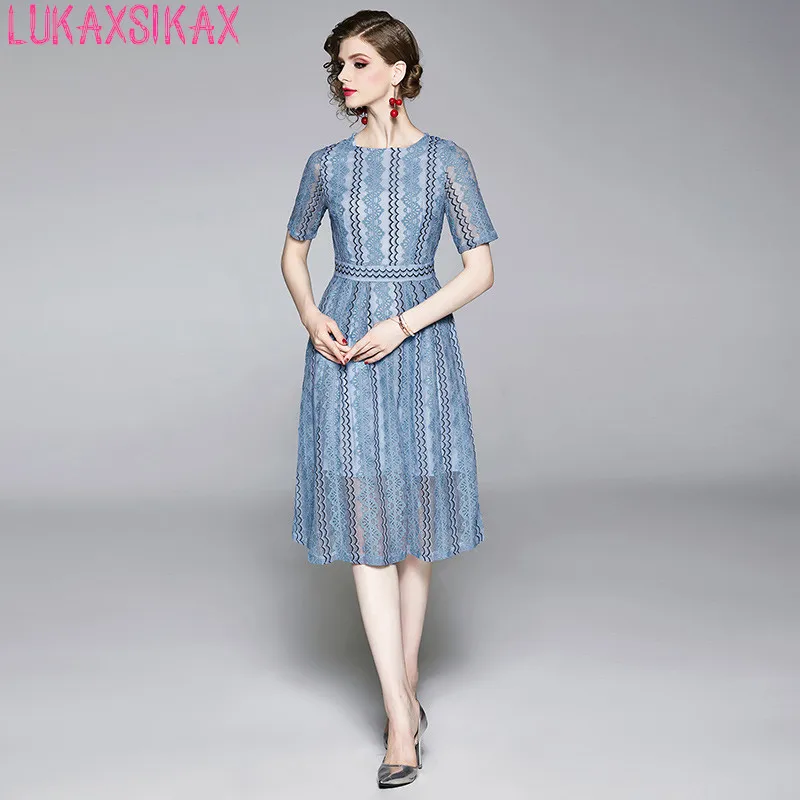

LUKAXSIKAX 2019 New Women Summer Dress High Quality Lace Embroidery Runway Dress Elegant Big Hem Party Dresses