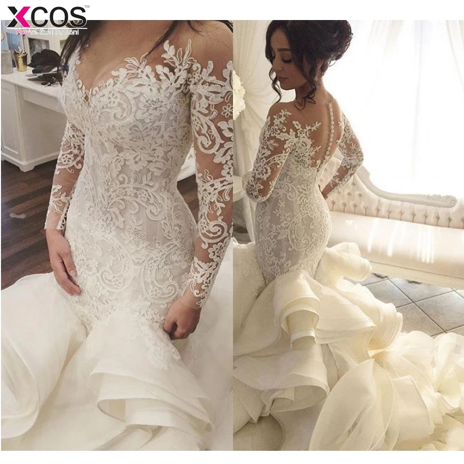 2018 Saudi Arabic Lace Mermaid Wedding Dresses With Full Sleeves Bridal