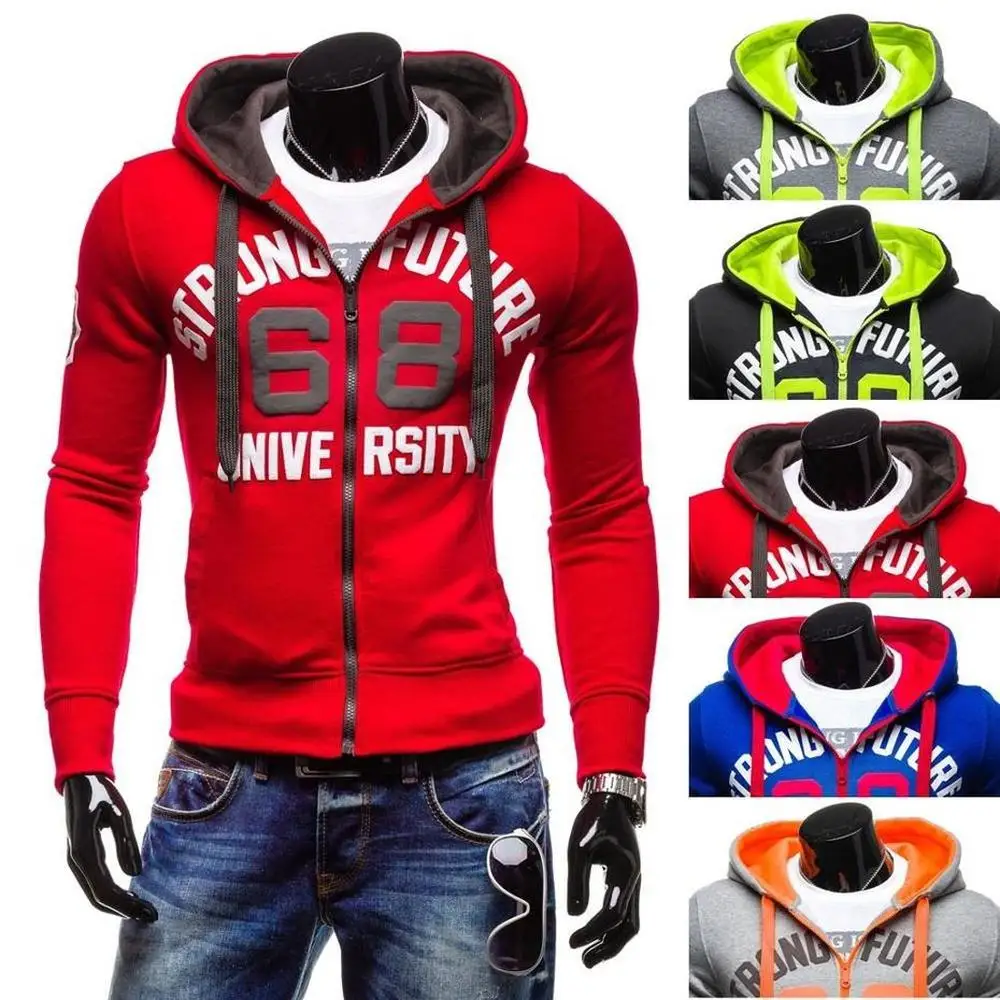 

ZOGAA Plus Size Men's Hoodies Tracksuit Letter Printed Drawstring Pocket Hooded Sweatshirt Long Sleeve Zipper Slim Coat Men
