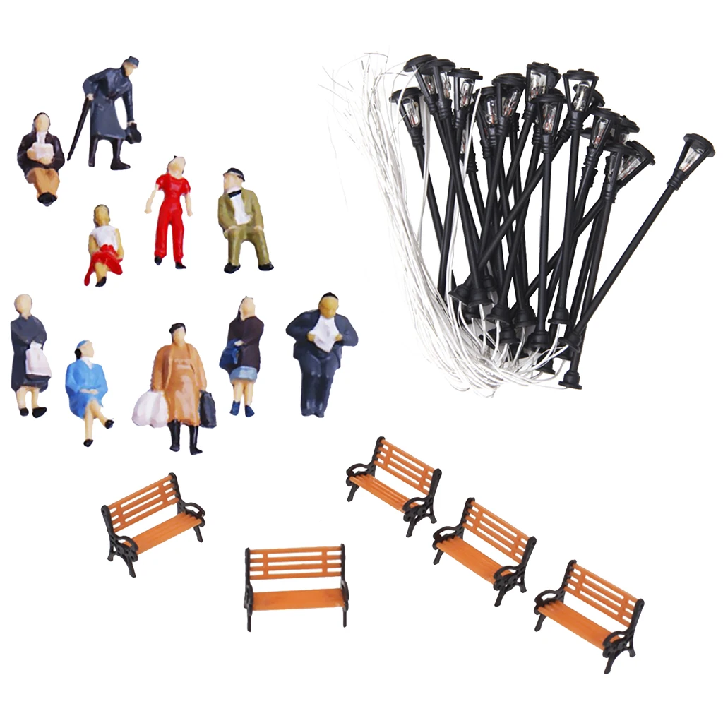 24 People Figures/5 Bench/20 Lamppost Lights Model Train RR Scenery HO Scale 24 People Figures/5 Bench/20 Lamppost Lights Model Train RR Scenery HO Scale