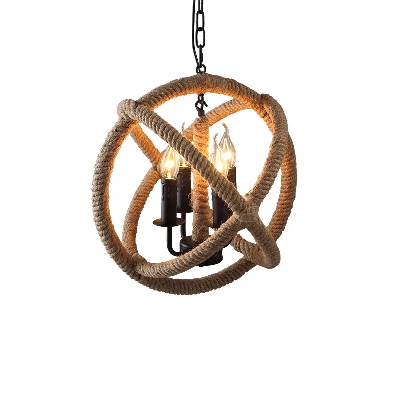 

GZMJ Rope Vintage Pendant Lights Hanging Lamp Hand Knitted Hemp Round Loft Iron Ball American Country Fixtures for Restaurants