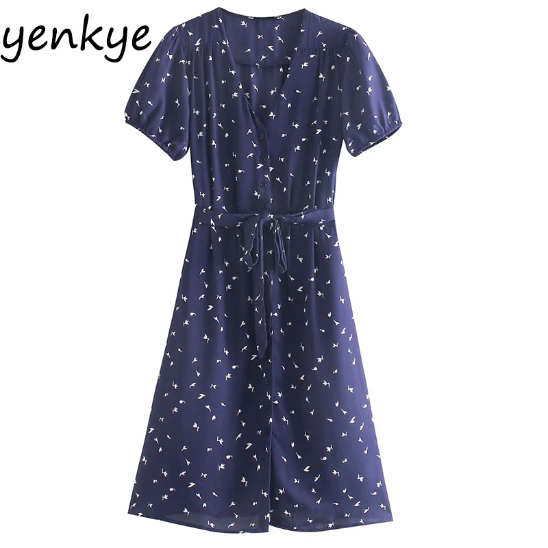 

2019 Women Front Button Vintage Floral Print Chiffon Dress Sweet Lady V Neck Short Sleeve With Belt A-line Summer Dress