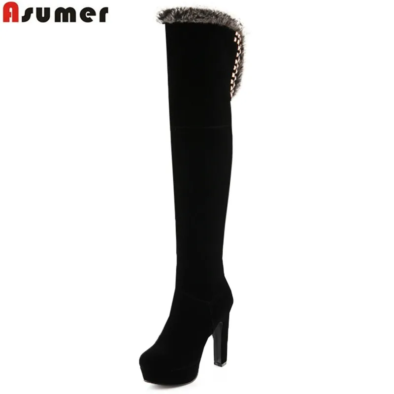 Goede ASUMER winter nieuwe komen vrouwen laarzen mode zwart rood flock rits klinknagel over de knie laarzen platform super hoge dame laarzen