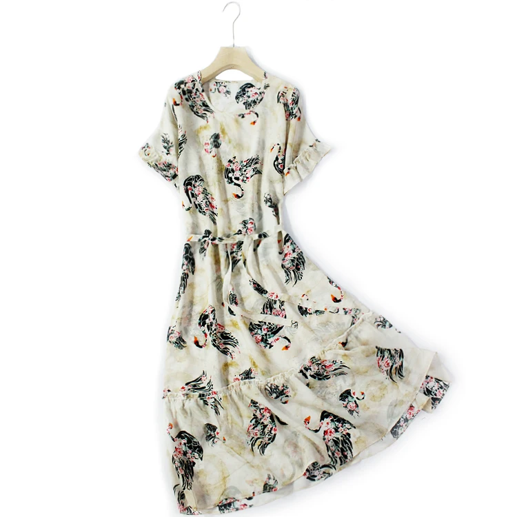 Элегантное Шелковое Платье с принтом лебедя, свободное тонкое шелковое платье средней длины, летнее платье
