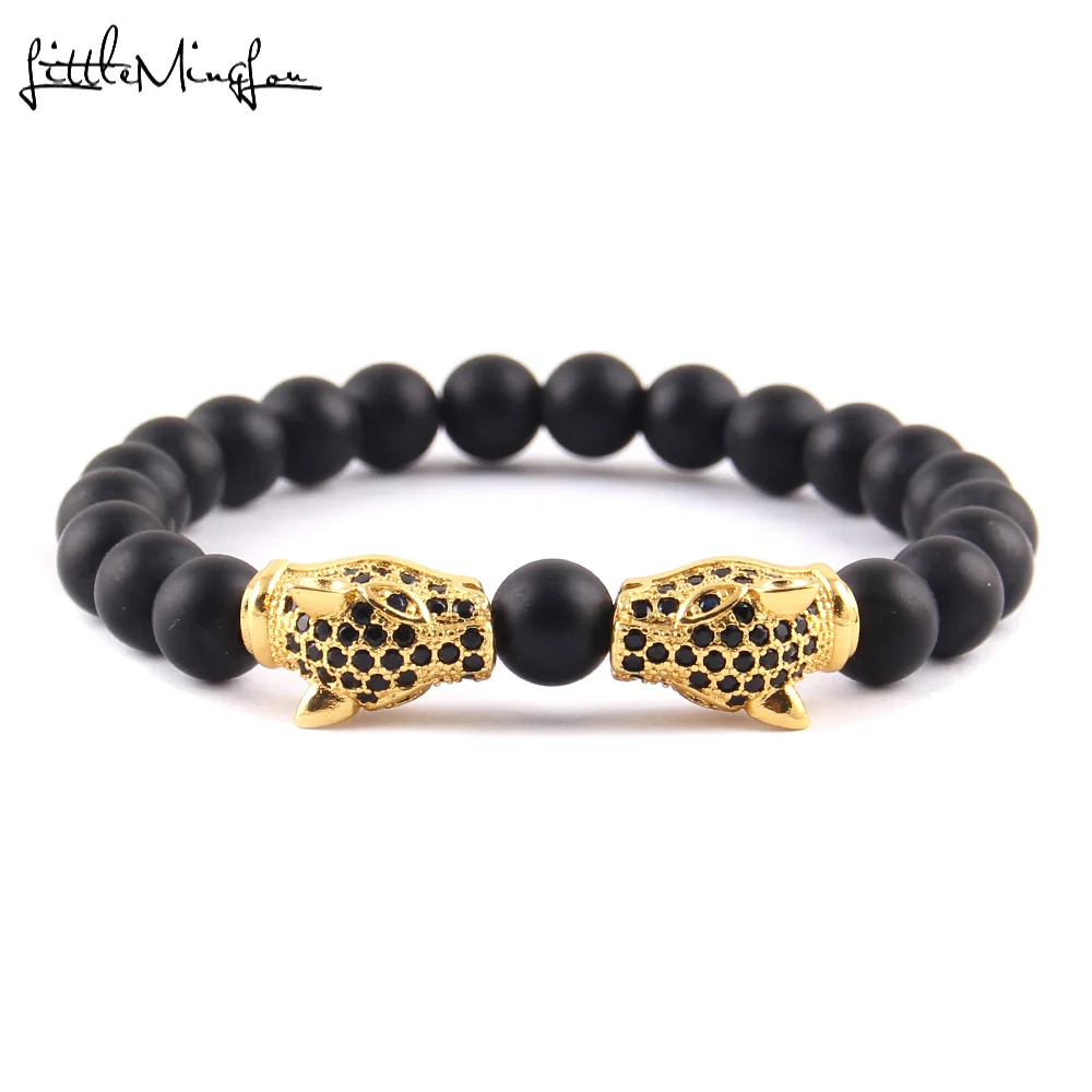

Little MingLou Luxury CZ zircon Double Leopard Head charm black Beads men Strand bracelets & bangles for men jewelry