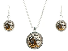 Hot Selling necklace earring Clock Watch Stacking Glass Cabochon Pendants Steampunk Necklaces Jewelry sets 100% handmade