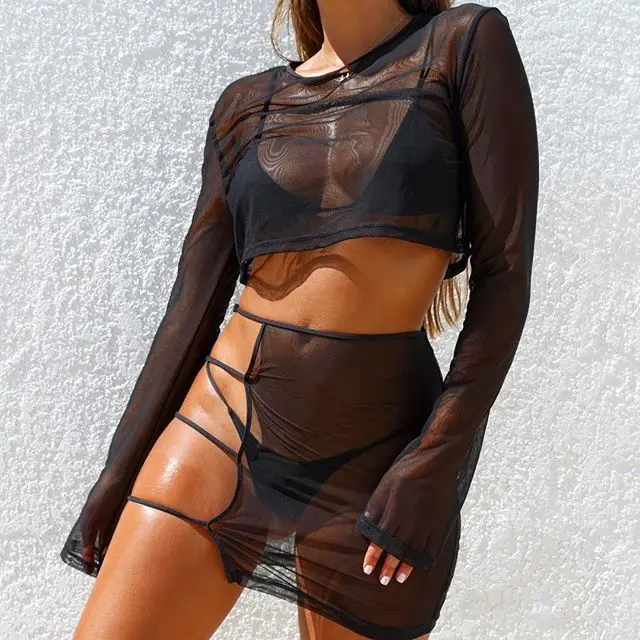 BKLD Sexy Sheer Mesh Club 2 комплекты из двух предметов для женщин 2019 летние наряды See Through укороченный топ с длинными рукавами + Bodycon Вечерние мини ЮБК