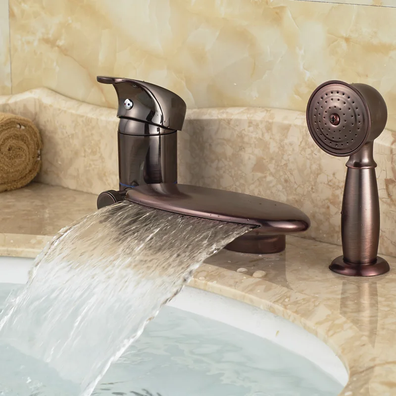 

Oil Rubbed Bronze 3pcs Waterfall Bathtub Shower Faucet Deck Mount Tub Mixer Tap Full Set with Handshower