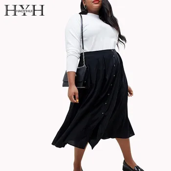 

HYH Haoyihui 2019 New Fashion Size Simple Commuter Solid Color Folds Practical Contrast Button Decoration Half Length Skirt
