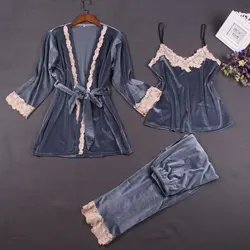 Пикантные Pleuche для женщин пижамы наборы для ухода за кожей комплект из 3 предметов бретели + халат брюки девочек Pijama Mujer осень зим