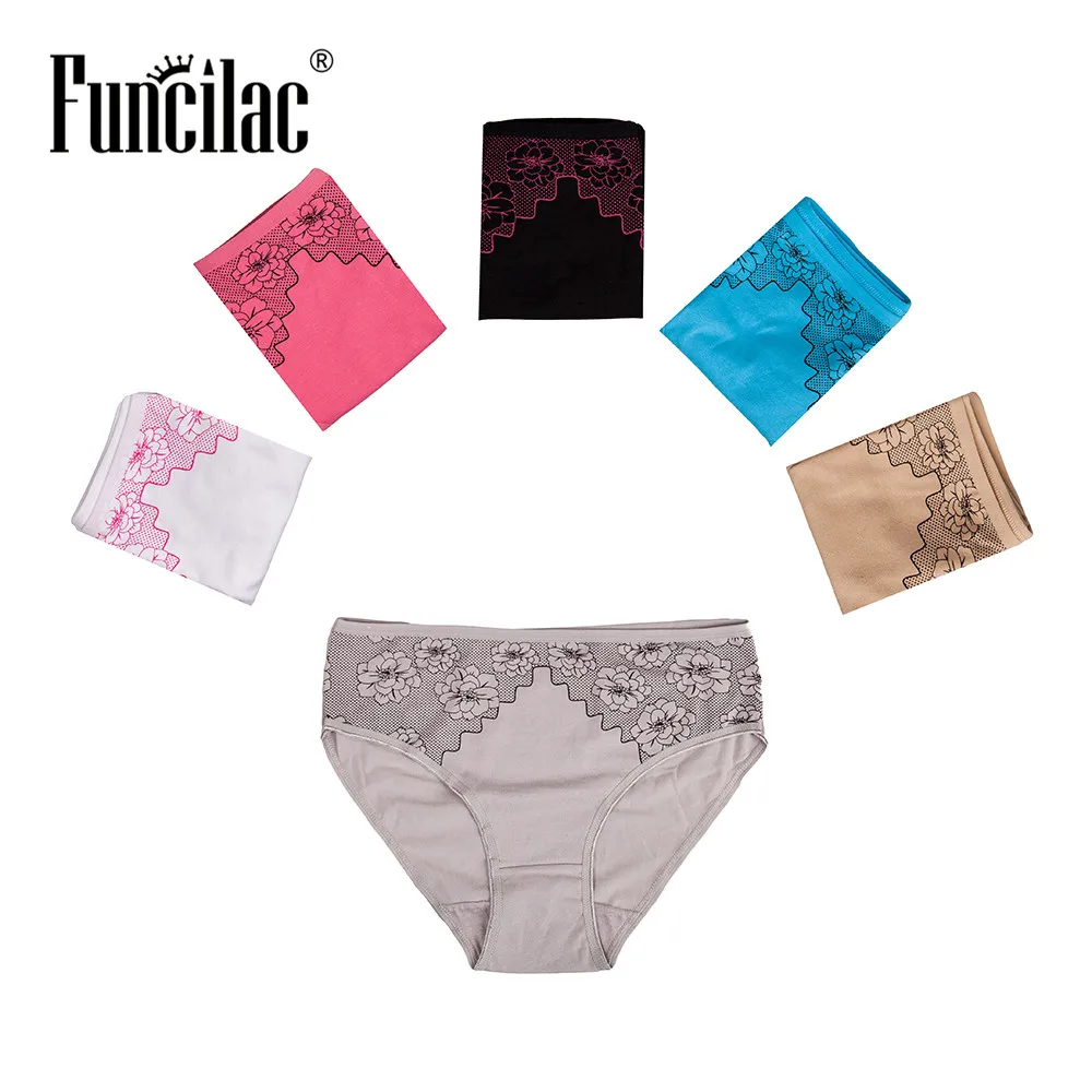 

FUNCILAC Flower Lingeries Ladies Briefs Plus Size Breathable Underwears Women Panties Cotton Seamless Panty 5pcs/Lot