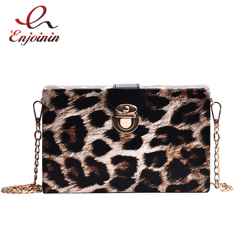 

Fashion Animal Pattern Leopard Pu Leather Box Design Casual Ladies Clutch Bag Shoulder Bag Chain Tote Flap Women's Purse Wallet