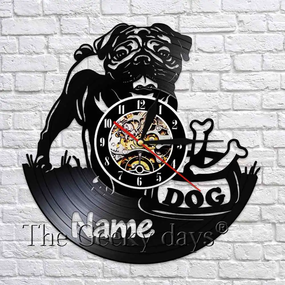 1 Piece Pug Art Wall Decorative Clocks Custom Dog Name Vinyl Record 3D