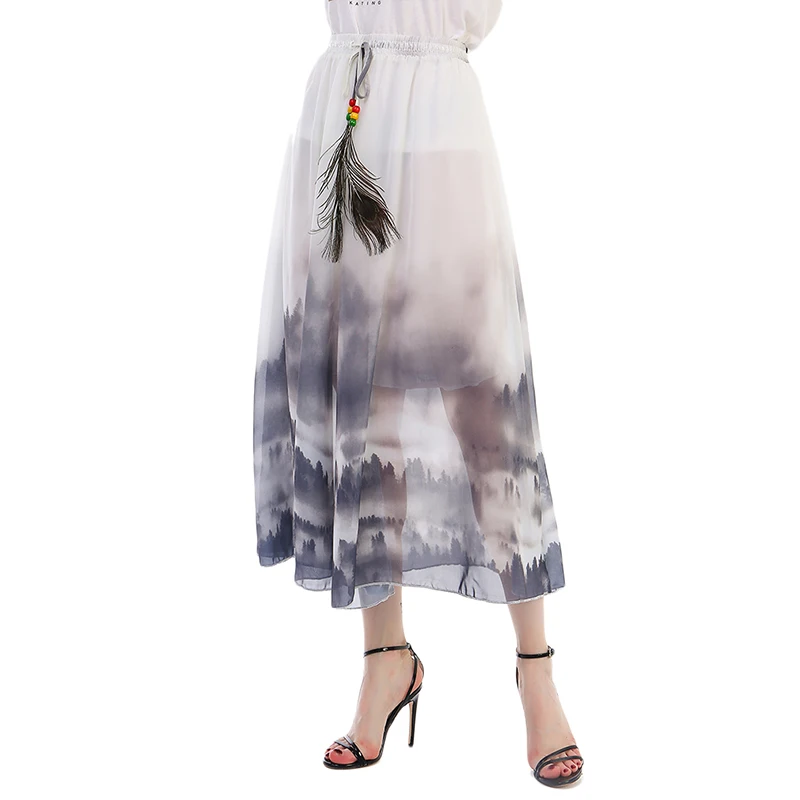 Новинка, модная летняя длинная юбка с чернильным рисунком, женская летняя шикарная юбка для отдыха, женские праздничные юбки