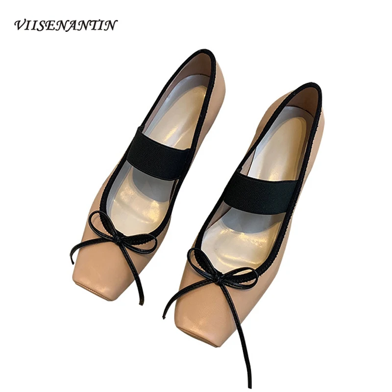 

VIISENANTIN 2019 Autumn Soft Sheepskin Ballet Shoes Female Retro Square Head Bow Single Shoes Black Nude Flat Shoe for Lady