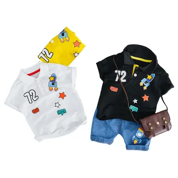

Boys summer new fashion Korean short-sleeved boy casual suit lapel cartoon printed cotton T-shirt + denim shorts two-piece suit