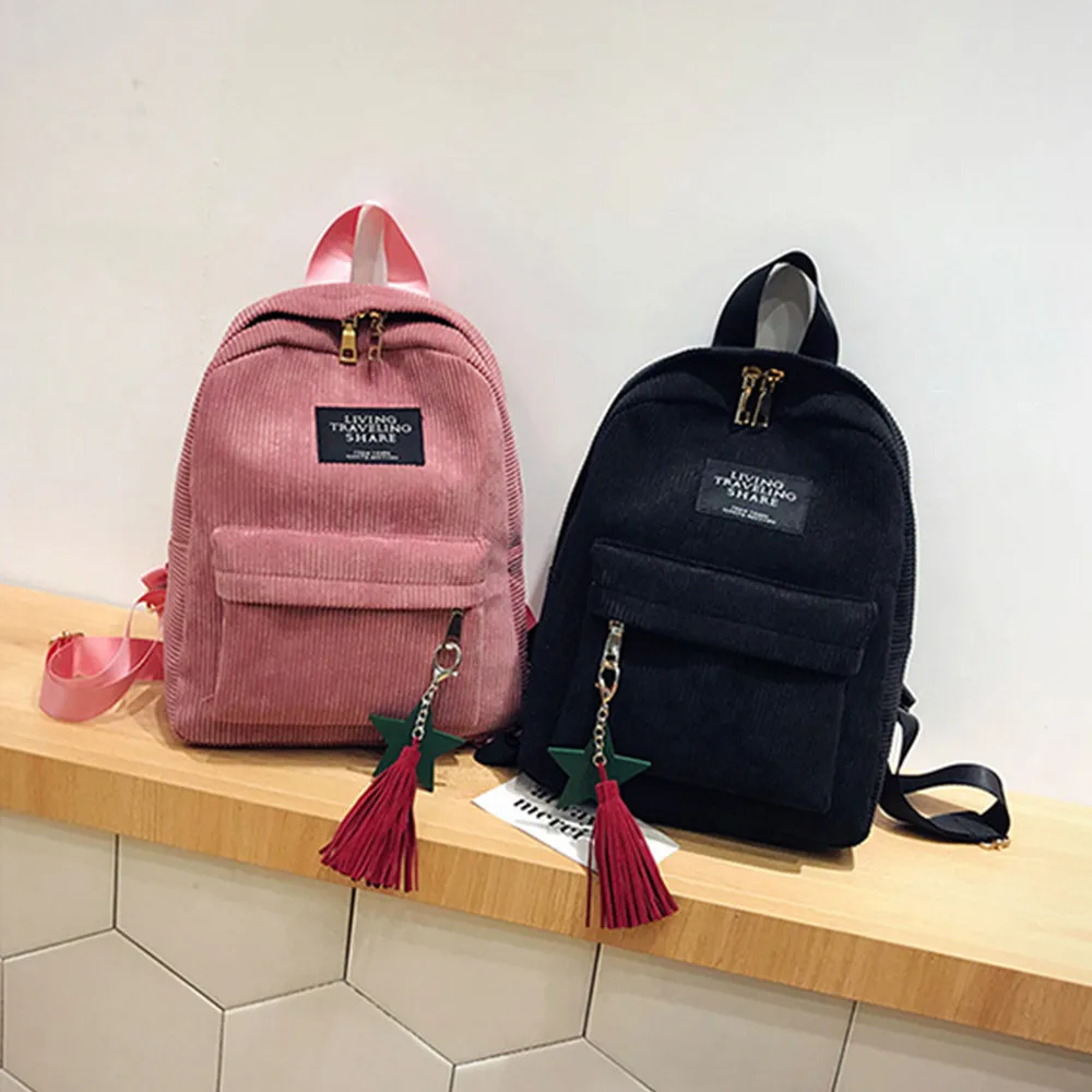 

Women's fashion simple fringed decorative backpack Soft Fabric Backpack Canvas Design School Backpack For Teenage Bag H30516