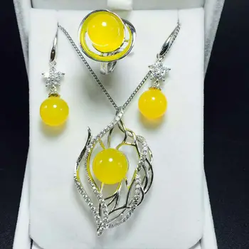 

Summer new s925 silver inlaid jade jade pearl pendant earrings ring three-piece set of jewelry