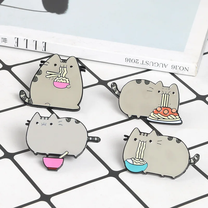 

Cartoon Bloated Fat Grey Cat Enamel Pins Greedy Eat all kinds of noodles Brooch Denim clothes Bag Lapel Pins Badge Jewelry Gifts