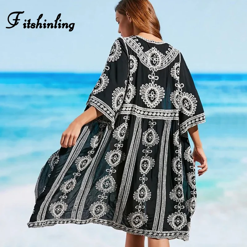 Fitshinling Dell'annata Del Ricamo Spiaggia Kimono Costumi Da Bagno 3/4 di Autunno Del Manicotto Del Nero Bikini Esterno Della Copertura Up Boho Vacanza Cardigan Lungo
