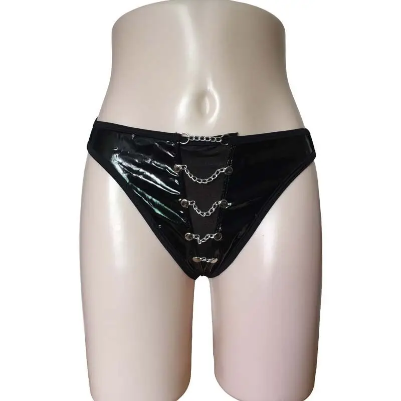 

Sexy Woman Lingerie Shiny Front Open Metal Drape Chain Open Crotch G-String T-Back Wet Look Briefs Underwear Bikini Bottom