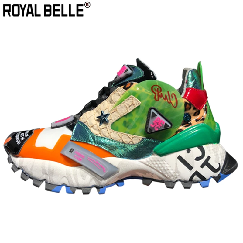 

Royal Belle Women Leopard Graffiti Sneakers Platform Mixed Colors Runway Shoes Real Leather Dad Shoes Casual Creepers Sneakers