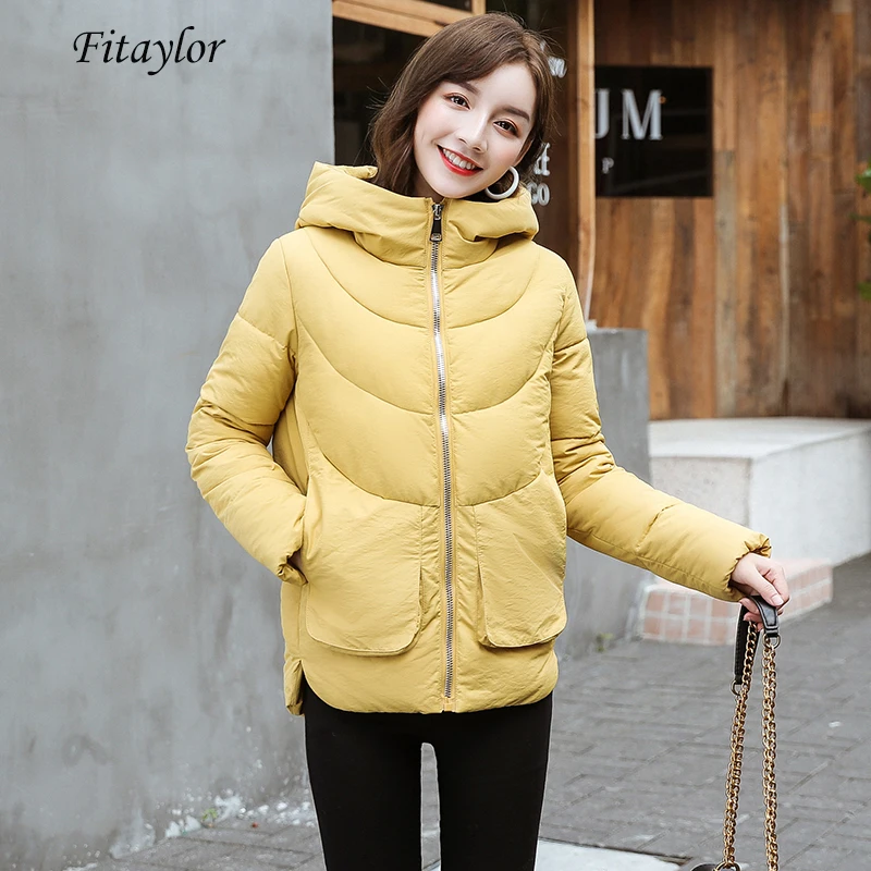 

Fitaylor Winter Women Hooded Cute Short Design Breadwear Casual Down Cotton Padded Jacket Coat Female Zipper Big Pocket Outwear