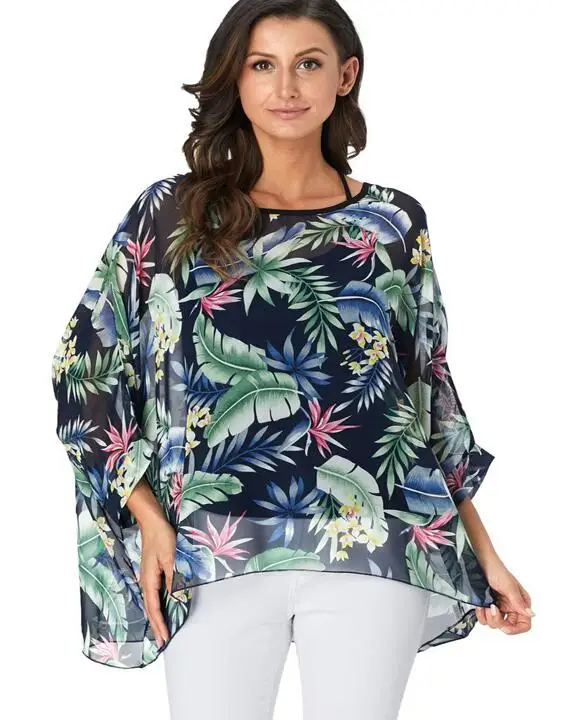 Baharcelin 5XL 6XL летняя блузка с рукавом летучая мышь Повседневная Женская блузка размера плюс шифоновая пляжная одежда с принтом в горошек