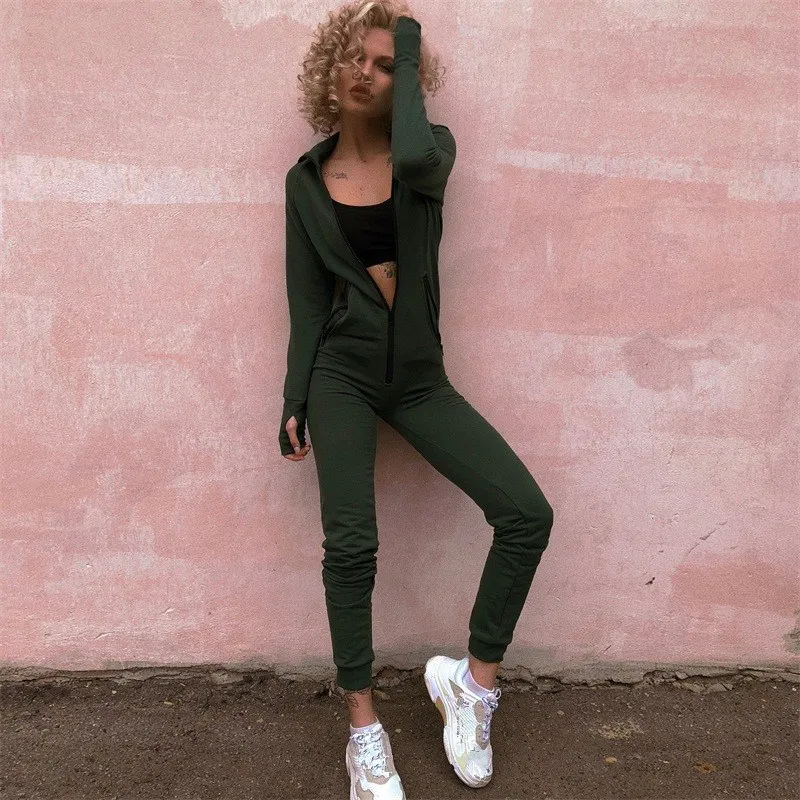 2018 Women Green Zipper Hooded Jumpsuits Autumn Slim Sexy Hoodies Casual Pockets Long Sleeve playsuits